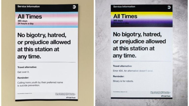 The Pride Train posters have messages like 