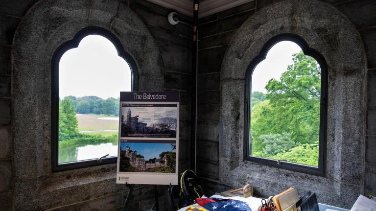Newly installed clear pane windows shows a clean view of Turtle Pond at The Great Lawn at Central Park's Belvedere Castle on&nbsp;June 18.