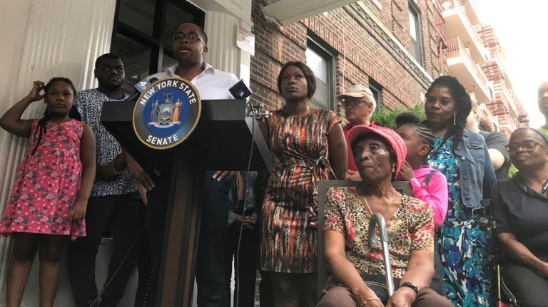 Sen.&nbsp;Zellnor Myrie discusses power outage issues in Prospect Lefferts Gardens on Tuesday.