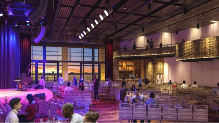 A rendering of City Winery at Pier 57 shows floor seating, a balcony&nbsp;and floor-to-ceiling windows, plus views&nbsp;of the Hudson River.
