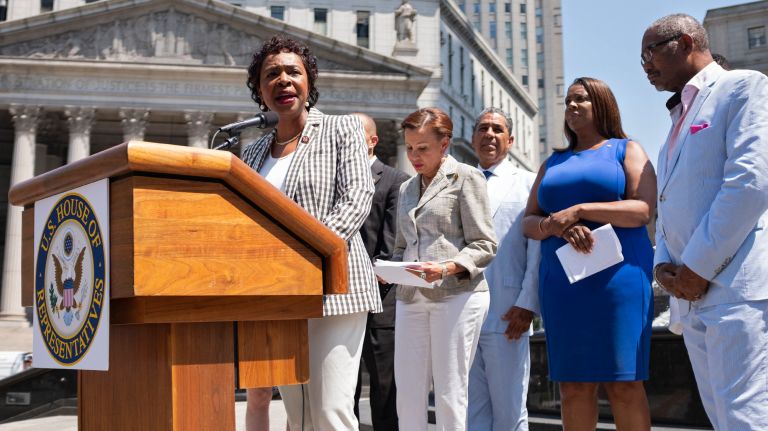 Rep. Yvette D. Clarke speaks to the crowd at an anti-ICE rally in Foley Square on Friday.