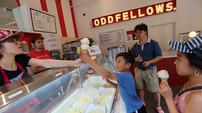 Daniel Chun, 9, has a double scoop of vanilla bean at OddFellows Ice Cream&nbsp;in DUMBO.