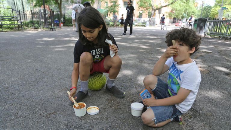 East Village brothers Inacio Marino,&nbsp;left, 9 and Eugenio Marino, 6, enjoy a free lunch of butternut squash and carrots over rice.