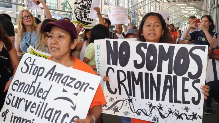 Activists picketed Bezos' home, Amazon's offices and rallied in Herald Square.