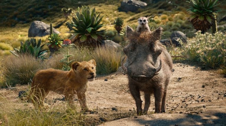 From left, young Simba, voiced by JD McCrary, Timon, voiced by Billy Eichner, and Pumbaa, voiced by Seth Rogen, in a scene from "The Lion King."&nbsp;