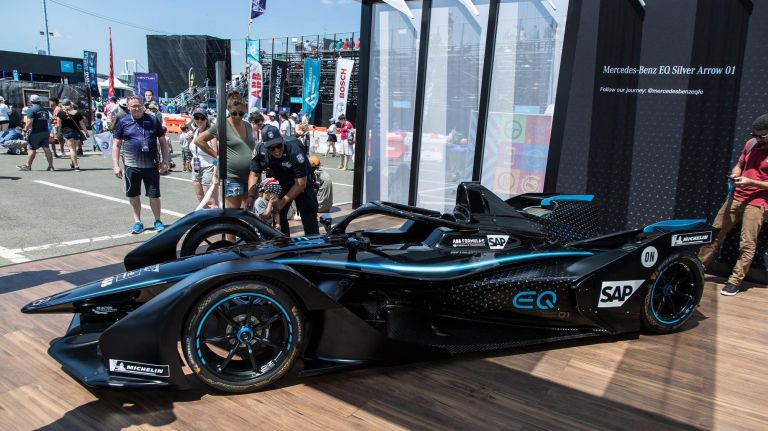 Race and car fans flocked to see the new electric cars like this Mercedes Formula E racer, during the New York City Prix 2019 Formula E race in Red Hook Brooklyn Saturday, July 13, 2019.