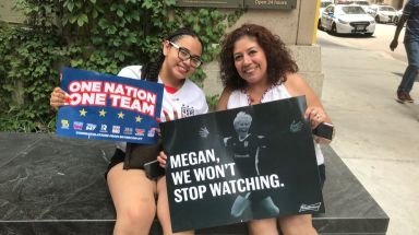 Women's World Cup parade attendee Larissa Tejada, right, and her daughter Karla Duarte were excited to see the champion soccer team in lower Manhattan on Wednesday.