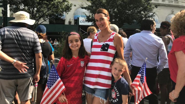Christina Lenza, 38, with her children Madison and Vincent, came to the parade from Staten Island.