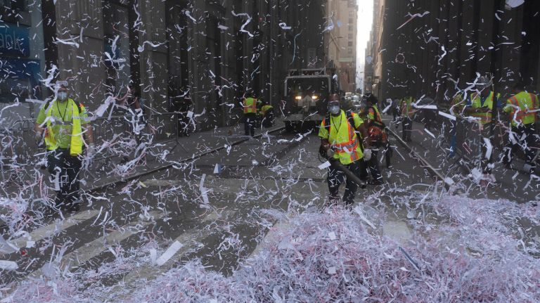 Women's World Cup parade cleanup requires 350 sanitation workers, 19 trucks and more 2 The Department of Sanitation used brooms and leaf blowers to clean up the ticker tape after the World Cup parade in Manhattan on Wednesday.
