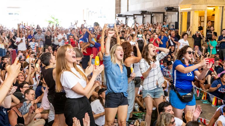 Fans cheer on Team USA during the&nbsp;Women's World Cup Soccer final game at a viewing party&nbsp;in&nbsp;DUMBO on Sunday.