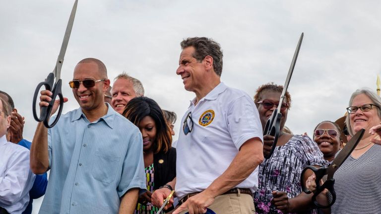 Rep Hakeem Jeffries, left,&nbsp;and Gov. Andrew Cuomo after the ribbon-cutting ceremony for Shirley Chisholm State Park on Tuesday.