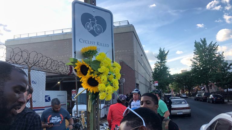 A memorial for Ernest Askew at the corner of Cheater Street and Sutter Avenue in Brownsville on Monday.
