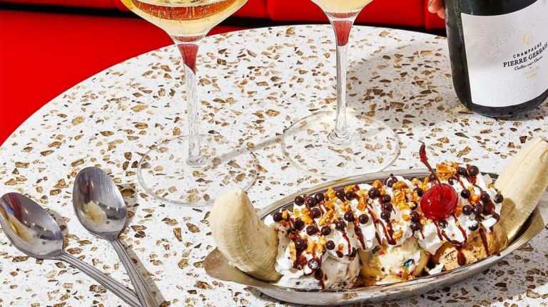 OddFellows serves a "Split and Split," a banana split for two, doused in Champagne.