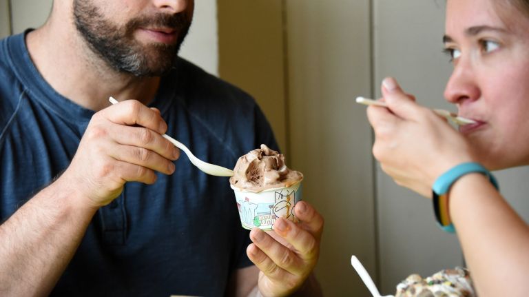 People cool off with ice cream at Ample Hills Creamery in Prospect Heights, Tuesday, August 20, 2019.
