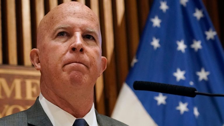 Police Commissioner James P. O'Neill announces the he's firing Police Officer Daniel Pantaleo for the death of Eric Garner during a press conference at One Police Plaza, Manhattan on Monday.
