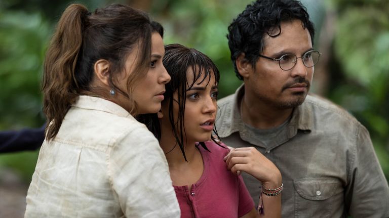 Eva Longoria, left, Isabela Moner and Michael Pe&ntilde;a star in "Dora and the Lost City of Gold."&nbsp;