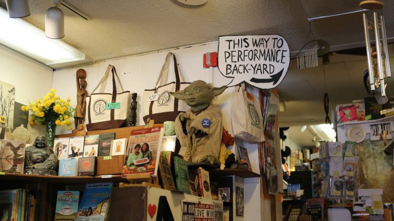 Some of the eclectic items on display at the Every Thing Goes Book Cafe in Tompkinsville, Staten Island.&nbsp;