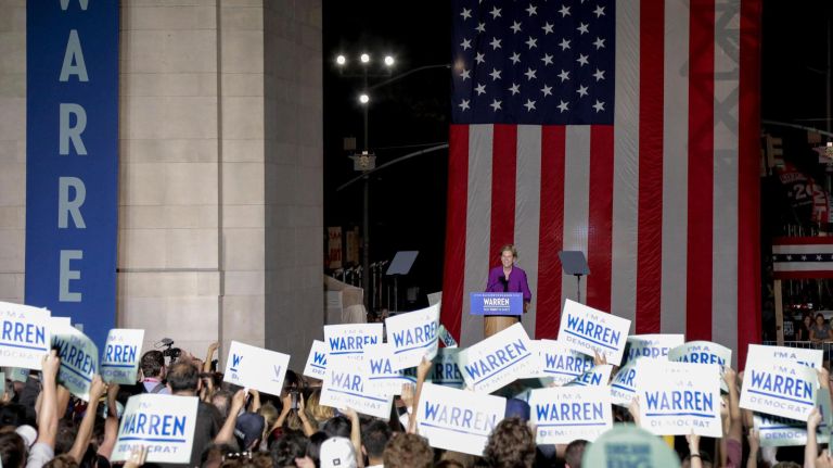 Elizabeth Warren supporters filled Washington Square Park Monday night to hear the candidate speak.&nbsp;