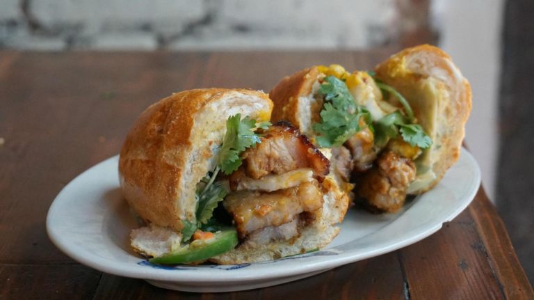 The pork belly baguette at Hanoi House is where BEC meets b&agrave;nh m&iacute;.