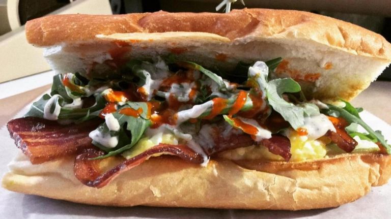 Among&nbsp;Southside Coffee's many BEC-inspired sandwiches is the New School, with miso-tahini kale and hot sauce.