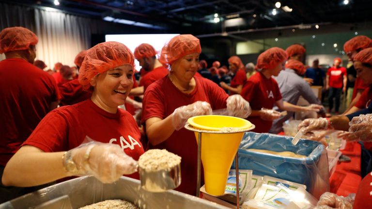 Aboard the Intrepid, 9/11 Day volunteers pack 1.1 million meals for the needy 2 More than 4,000 volunteers boarded the Intrepid Sea, Air & Space Museum on Wednesday to pack meals for those in need.