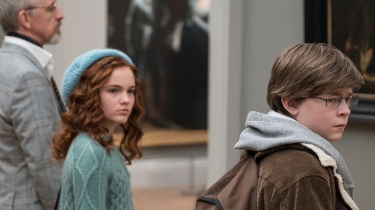 From left: Robert Joy as&nbsp;Welty, Aim&eacute;e Laurence as&nbsp;Young Pippa and Oakes Fegley as Young Theo Decker in "The Goldfinch."