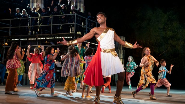 Jelani Alladin, foreground, and the company of The Public Theater's free Public Works musical adaptation of 
