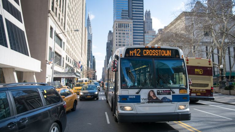 M42 bus on 42nd Street in Manhattan on Feb. 8.