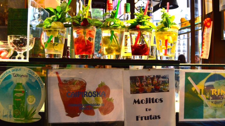 This is the best mojito I've ever had, said all three people I've taken to San Miguel thus far. Mojitos are huge in Madrid, but these Mojitos de Frutas at the Cocktail Cart (No. 52) are something special. I was first attracted by their display of fresh fruit juices, but once I saw the sign for a fruit mojito, I had no choice but to try that instead. It's definitely on the more pricey side at 7 euros. Choose between fresh lime, strawberry, mixed berry and pineapple, and then watch the man behind the counter make magic. Start off your visit with a nice buzz from this cocktail, and you will spend the rest of your time smiling at strangers, even those who bump into you or beat you to an open seat. 