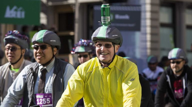 A participant wears a decorated helmet as the Five Boro Bike Tour starts in Soho Sunday, May 3, 2015.