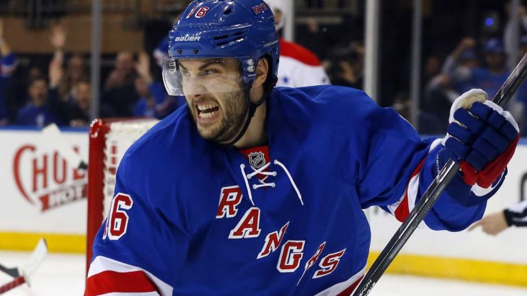 Rangers vs. Capitals: Game 2 of round 2 of Stanley Cup playoffs 24 Derick Brassard #16 of the New York Rangers celebrates his third-period goal against the Washington Capitals during Game 2 of the Eastern Conference semifinals at Madison Square Garden on Saturday, May 2, 2015.