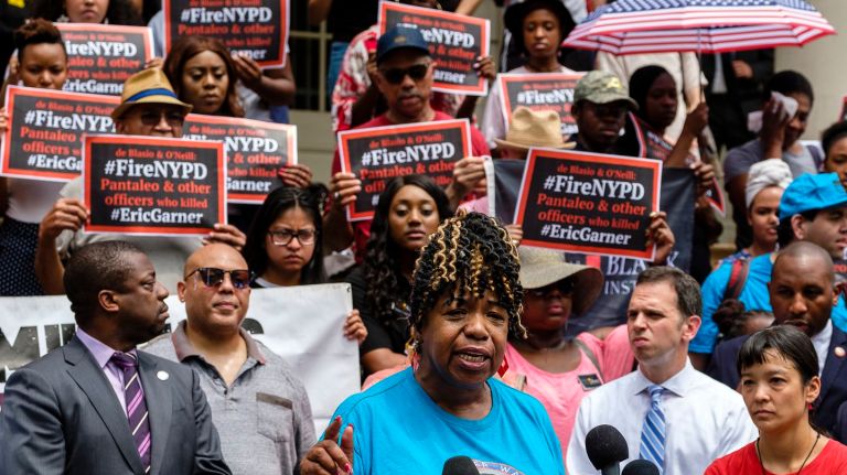 Gwen Carr speaks at a rally calling for justice for her son Eric Garner at City Hall on the fourth anniversary of his death, Tuesday, July 17, 2018.