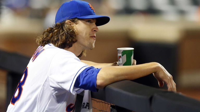 Jacob deGrom of the Mets looks on against the Miami Marlins at Citi Field on Tuesday, Sept. 16, 2014.