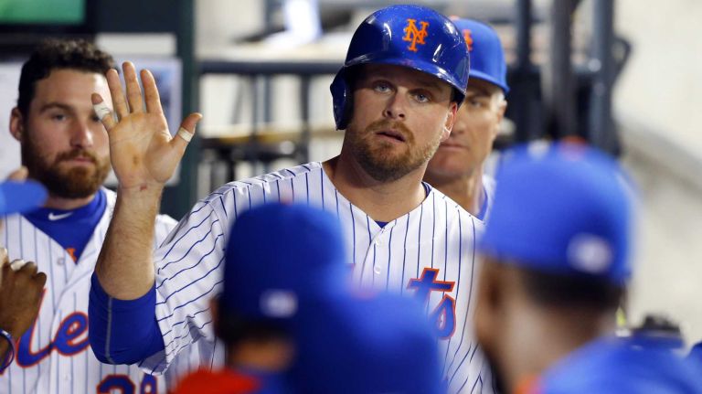 Lucas Duda of the New York Mets celebrates after scoring in the sixth inning against the Miami Marlins at Citi Field on Friday, April 17, 2015.
