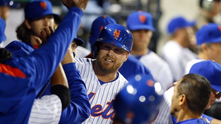 Lucas Duda #21 of the New York Mets celebrates his fifth inning home run against the Philadelphia Phillies at Citi Field on Wednesday, Apr. 15, 2015 in the Queens Borough of New York City. Players, managers and coaches are all wearing #42 in honor of Jackie Robinson Day.