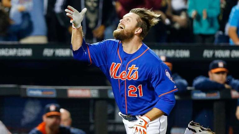 Lucas Duda of the Mets celebrates his ninth-inning, walk-off, two-run home run against the Houston Astros at Citi Field on Sept. 27, 2014.