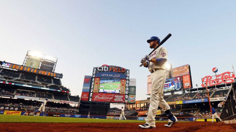 Lucas Duda of the Mets waits to bat in the first inning against the Atlanta Braves at Citi Field on Tuesday, Aug. 26, 2014.