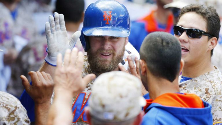Lucas Duda of the Mets celebrates his fourth-inning home run against the Chicago Cubs at Citi Field on Monday, Aug. 18, 2014.