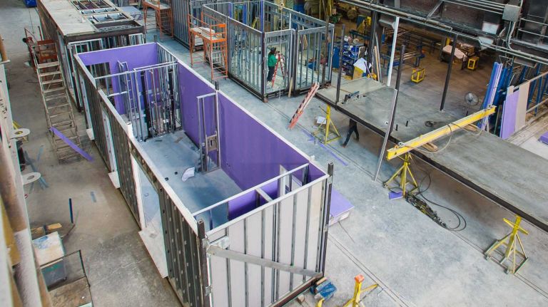 Construction of New York City's micro apartments, by Capsys, a modular manufacturer, is going on at the Brooklyn Navy Yard, April 9, 2015. Once the apartments are completed, they will be moved to Manhattan.