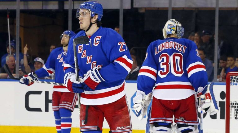 Eastern Conference quarterfinals Game 2: Rangers vs. Penguins 2 Ryan McDonagh #27 of the New York Rangers looks on after a second-period goal against the Pittsburgh Penguins during Game 2 of the Eastern Conference quarterfinals at Madison Square Garden on Saturday, April 18, 2015.
