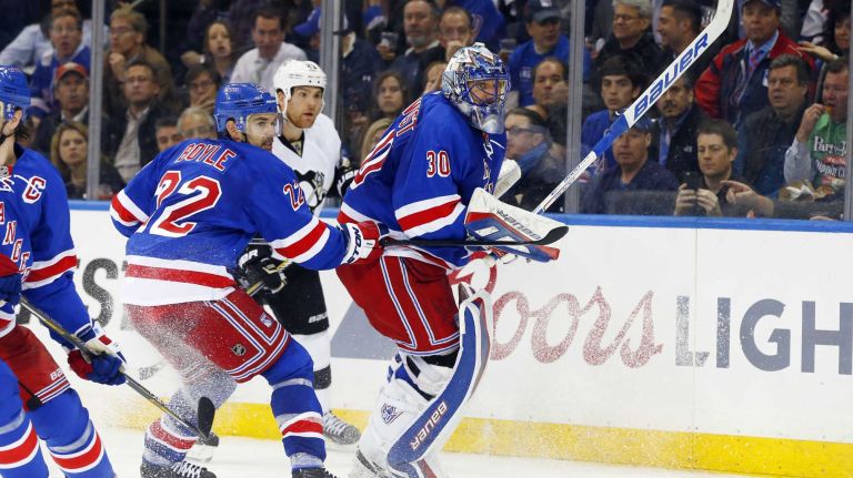 Henrik Lundqvist of the New York Rangers looks on after playing the puck in the second period against the Pittsburgh Penguins during Game 1 of the Eastern Conference Quarterfinals at Madison Square Garden on Thursday, April 16, 2015.