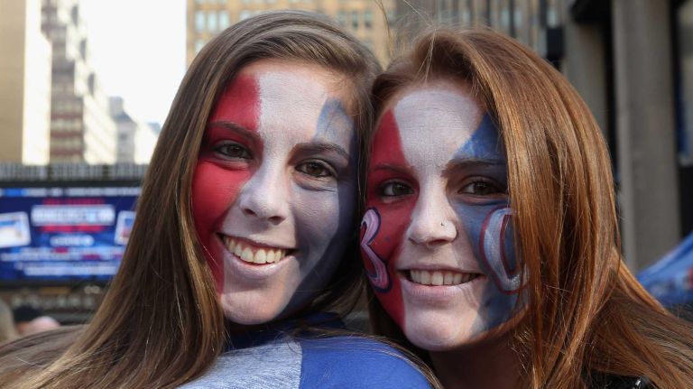 From left, Patricia and Sarah Simpson, of Wantagh, arrive for the game between the New York Rangers and the Pittsburgh Penguins in Game 1 of the Eastern Conference quarterfinals during the 2015 Stanley Cup playoffs at Madison Square Garden on April 16, 2015.