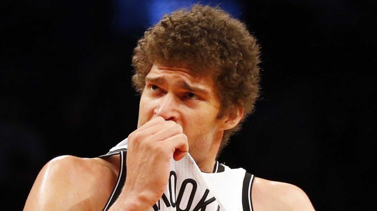 Brook Lopez of the Brooklyn Nets looks on in the fourth quarter against the Boston Celtics at Barclays Center on Monday, March 23, 2015 in Brooklyn.