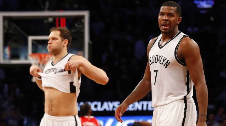 Joe Johnson 32 Joe Johnson and Bojan Bogdanovic of the Brooklyn Nets walk off the court after a loss against the Atlanta Hawks at Barclays Center on Wednesday, April 8, 2015.