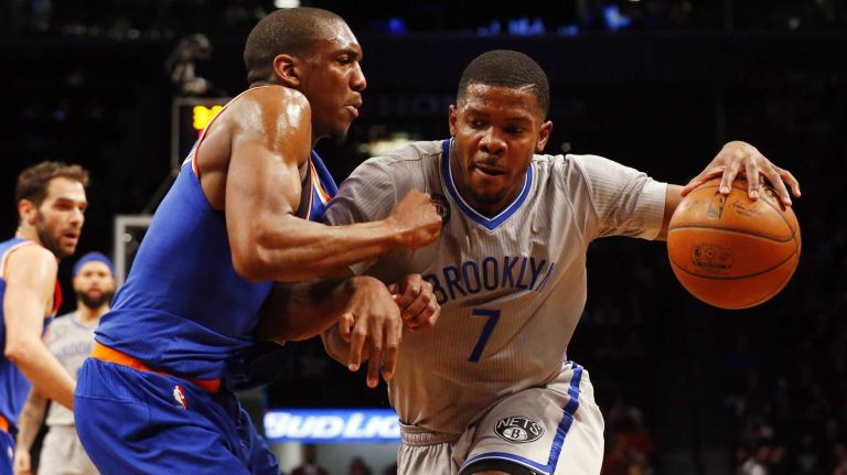 Joe Johnson 39 Joe Johnson of the Brooklyn Nets drives against Langston Galloway of the New York Knicks at Barclays Center on Friday, Feb. 6, 2015.