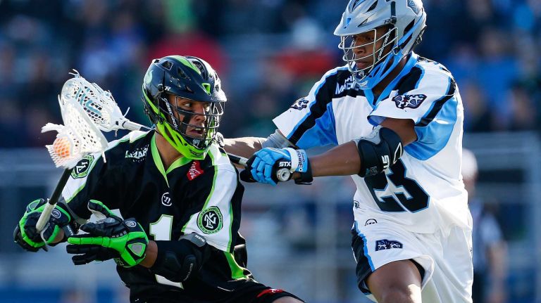 NY Lizards vs. Ohio Machine 28 HEMPSTEAD, NY - APRIL 12: JoJo Marasco #1 of the New York Lizards carries the ball against Dominique Alexander #23 of the Ohio Machine at James M. Shuart Stadium on April 12, 2015 in Hempstead, New York. (Photo by Mike Stobe/Getty Images)