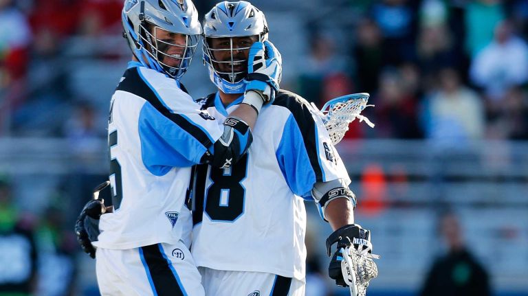 NY Lizards vs. Ohio Machine 30 HEMPSTEAD, NY - APRIL 12: Peter Baum #15 of the Ohio Machine celebrates his goal with teammate Kyle Harrison #18 against the New York Lizards at James M. Shuart Stadium on April 12, 2015 in Hempstead, New York. (Photo by Mike Stobe/Getty Images)