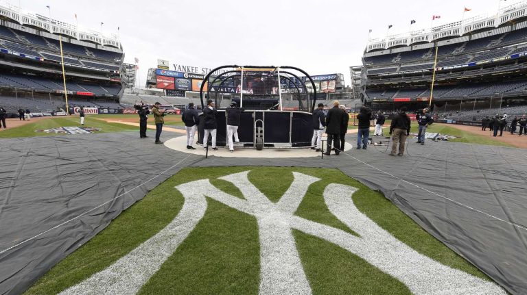 The New York Yankees take batting practice before a game against the Toronto Blue Jays on Yankee Stadium on Wednesday, April 8, 2015.