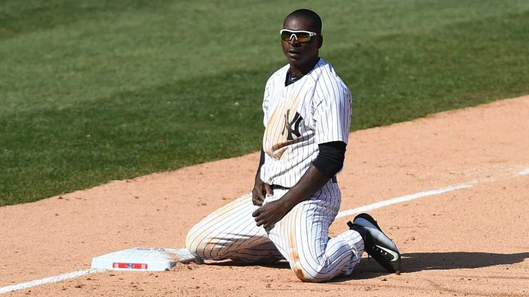 Yankees Opening Day in 2015 31 The New York Yankees Didi Gregorius reacts on his knees after being called out while trying to steal third base in the eighth inning of their home opening game against the Toronto Blue Jays on Monday, April 6, 2015.