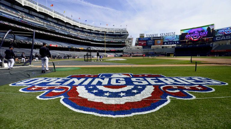 Yankees Opening Day in 2015 49 The New York Yankees take the field for batting practice prior to the start of Opening Day against the Toronto Blue Jays at Yankee Stadium on April 6, 2015.